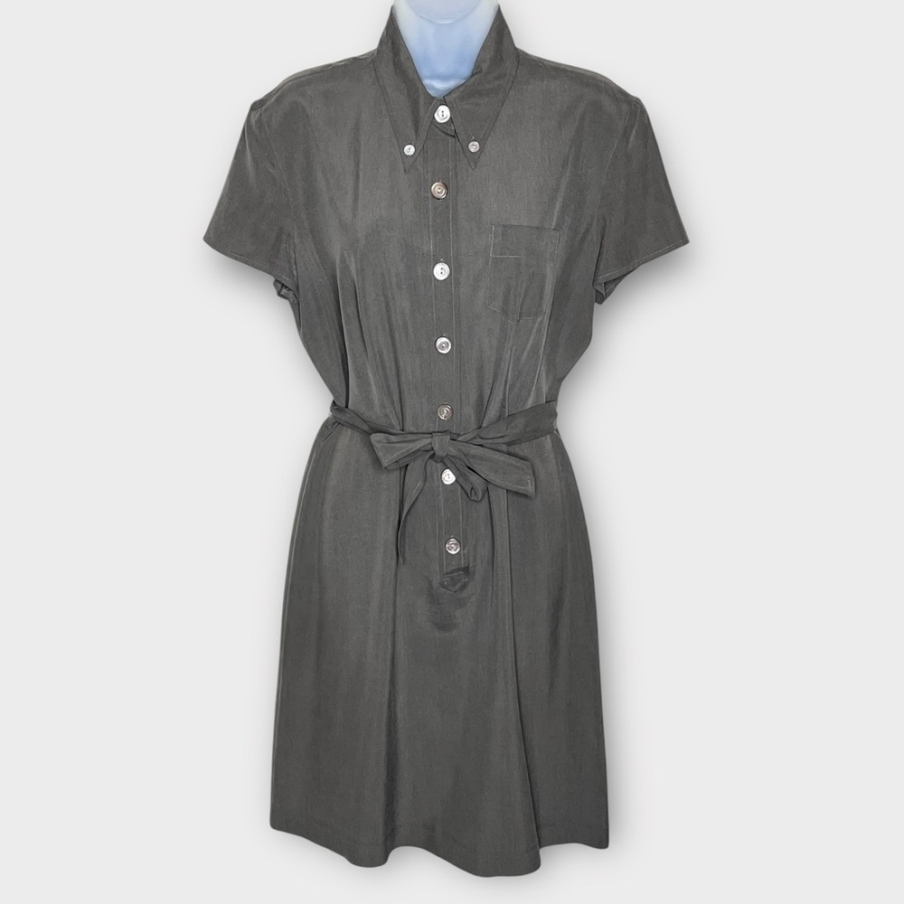 BANANA REPUBLIC vintage 100% silk olive green button down shirt dress size 10